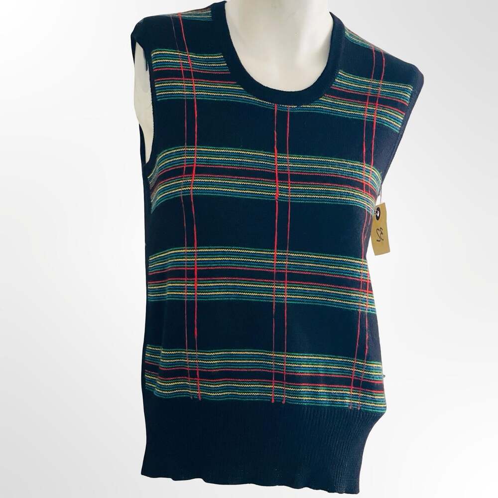Vintage Plaid Knit Sweater Vest Navy Blue Multicolor Acrylic Wool Crewneck Sleev
